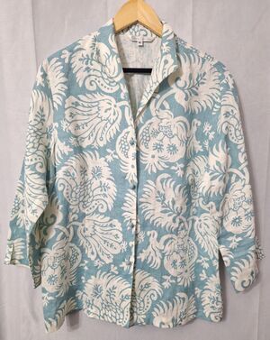 Vtg Connie Roberson 100% Linen Button Up Shirt Women XL Floral Tropical Resort